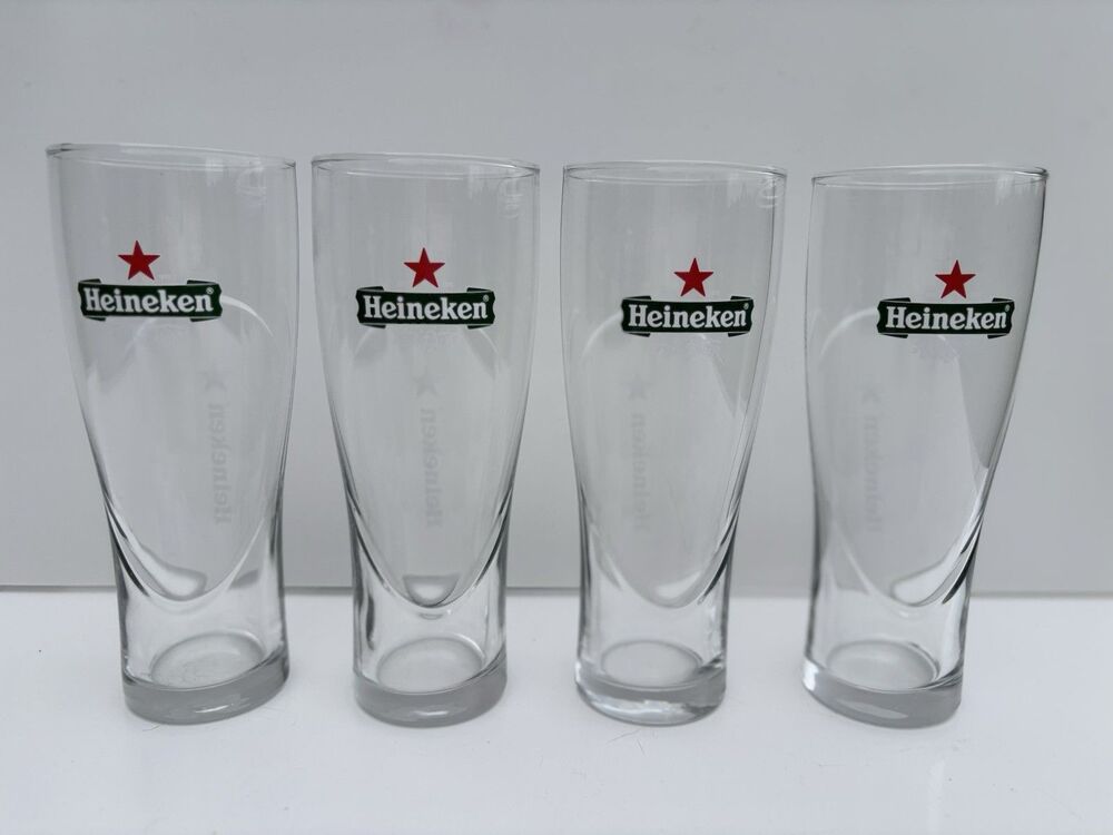 Set of 4 Vintage Heineken European Beer Drinkware Glasses Pilsner Barware